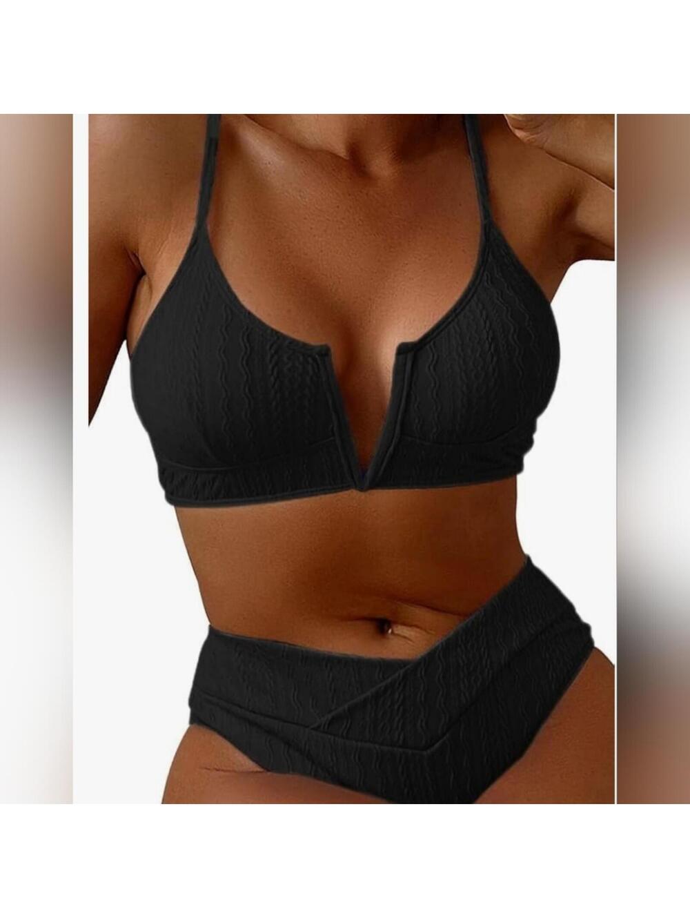 Black Textured V-Neck Bikini Set